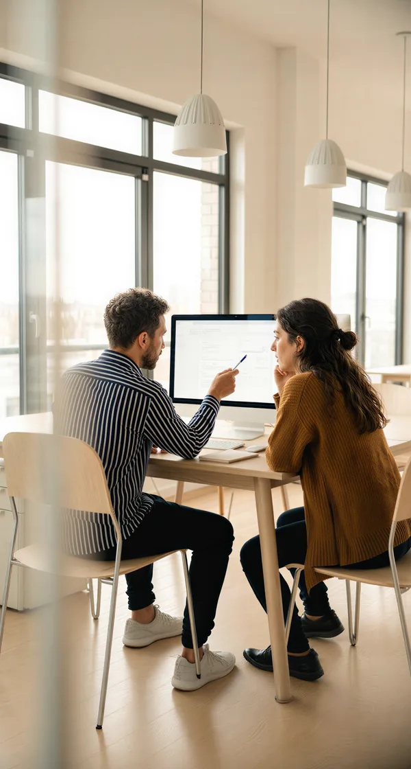 Two people reviewing work on a computer