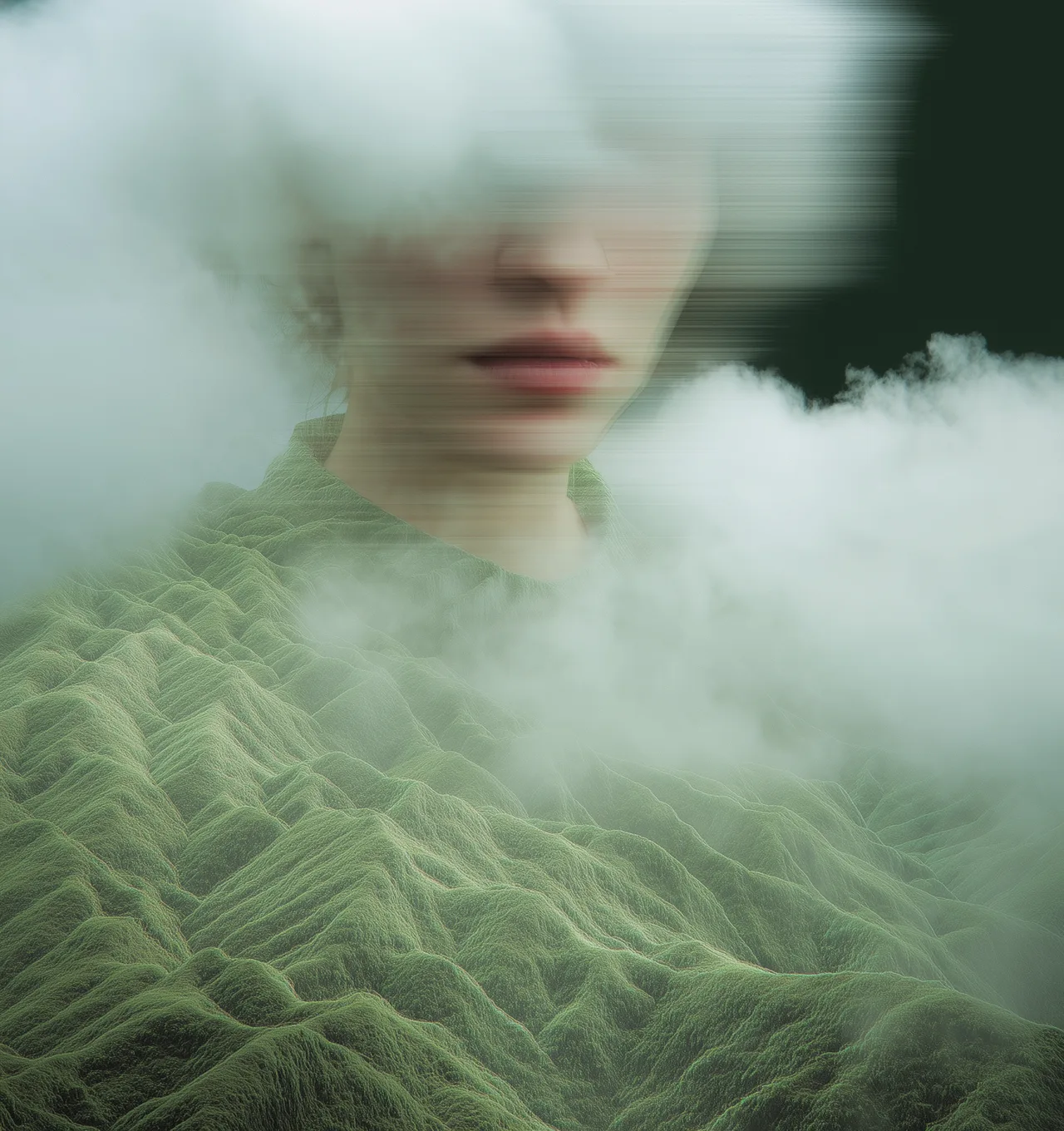 Portrait dissolving into cloud-like texture