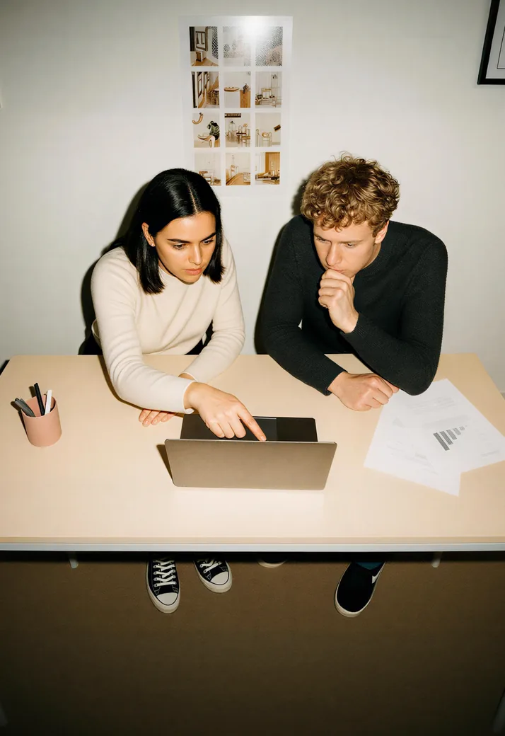 Collaborators reviewing work on a laptop