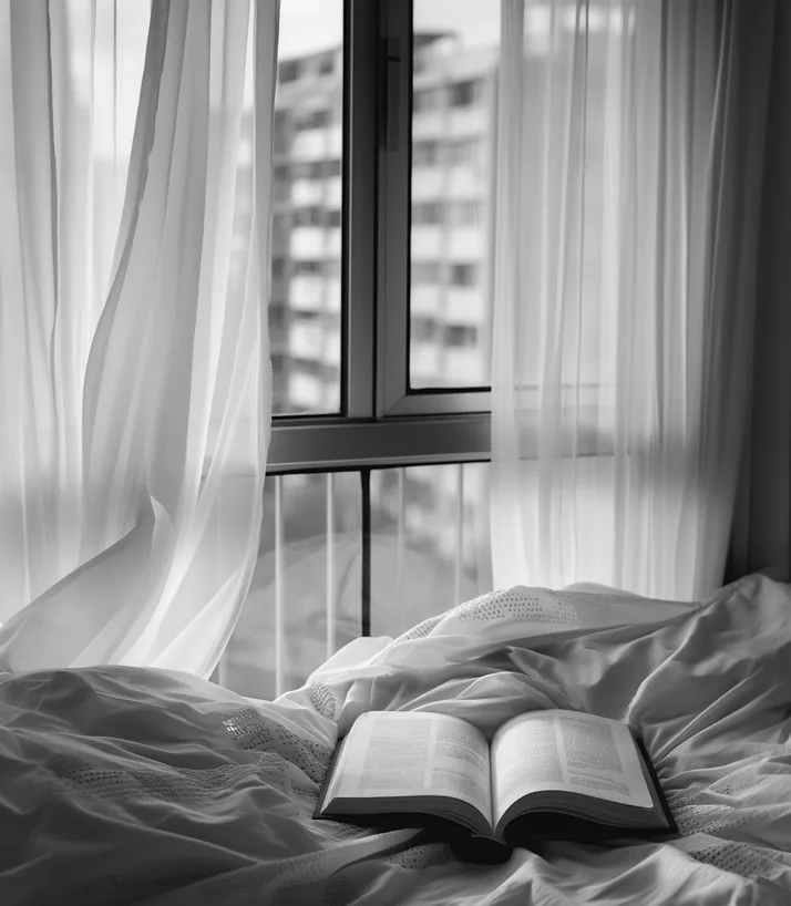 Monochrome bedroom with a book on the bed