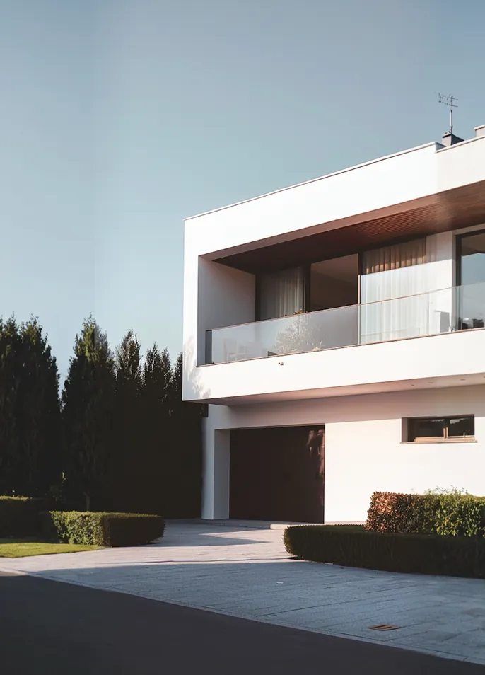 Modern white architecture with balcony reflections