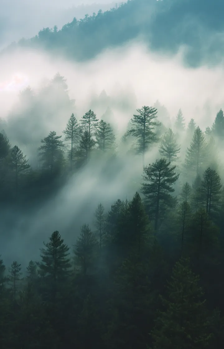Pine forest in mist
