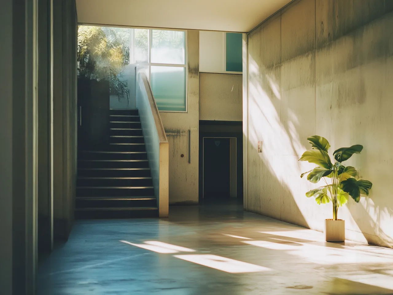 Sunlit studio interior with staircase and plant