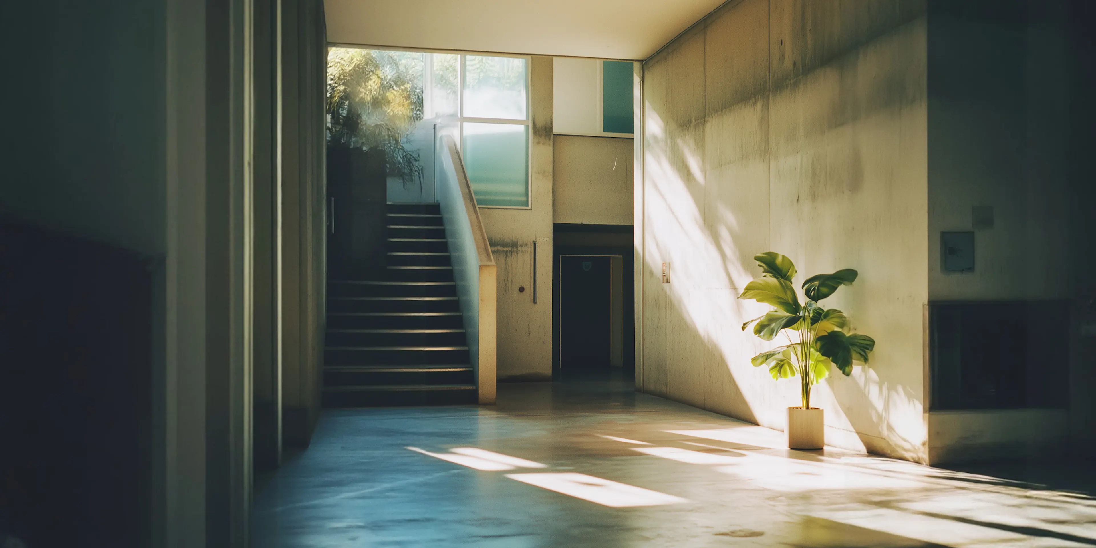 Bright indoor hallway with a concrete stair, sunlit wall, and a potted plant in the foreground