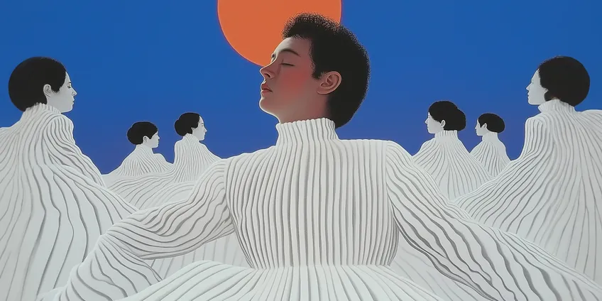 Figures in white robes walking toward an orange sun