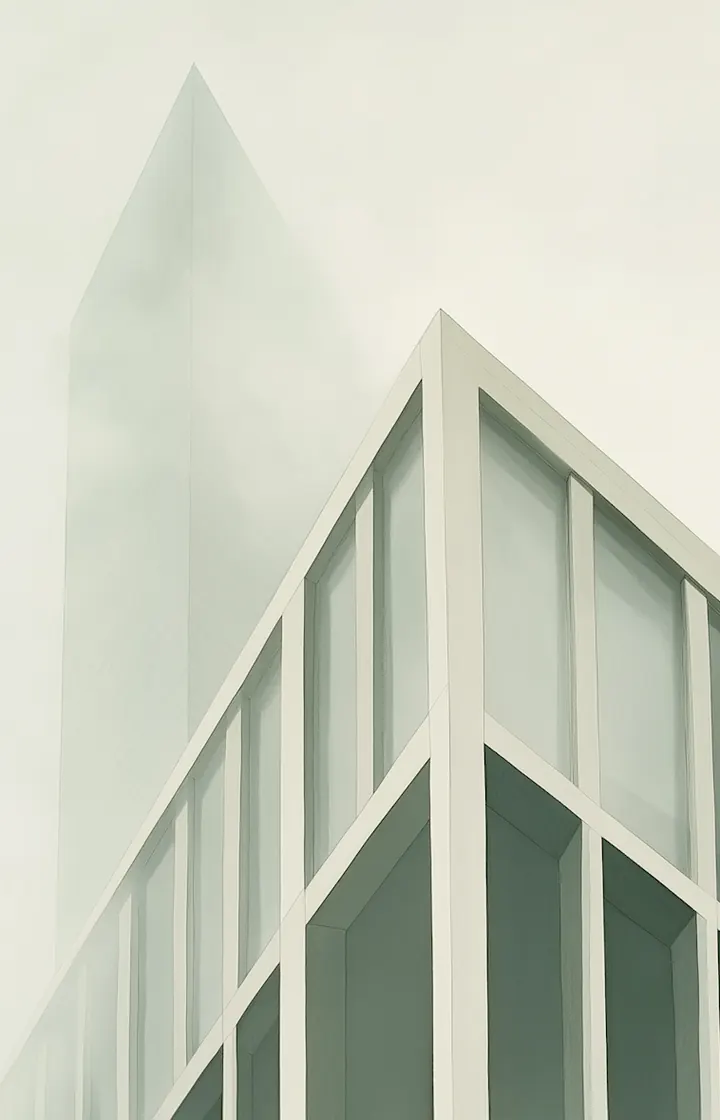 White modernist building corner against a pale sky