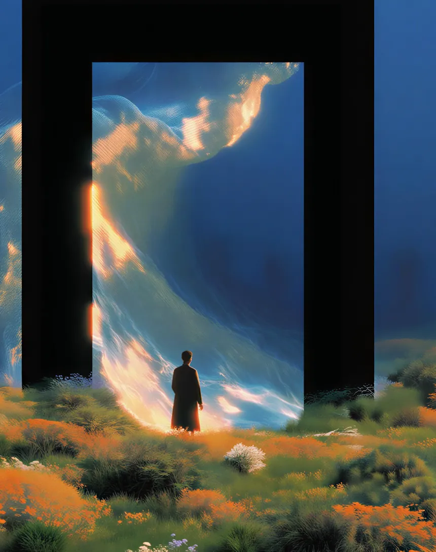Vela identity — portal opening onto a luminous sky