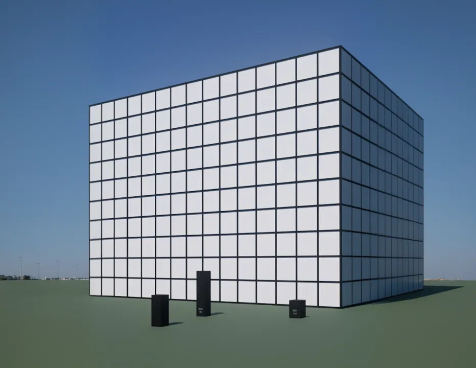 Northline grid study — white cube and black volumes on a green field