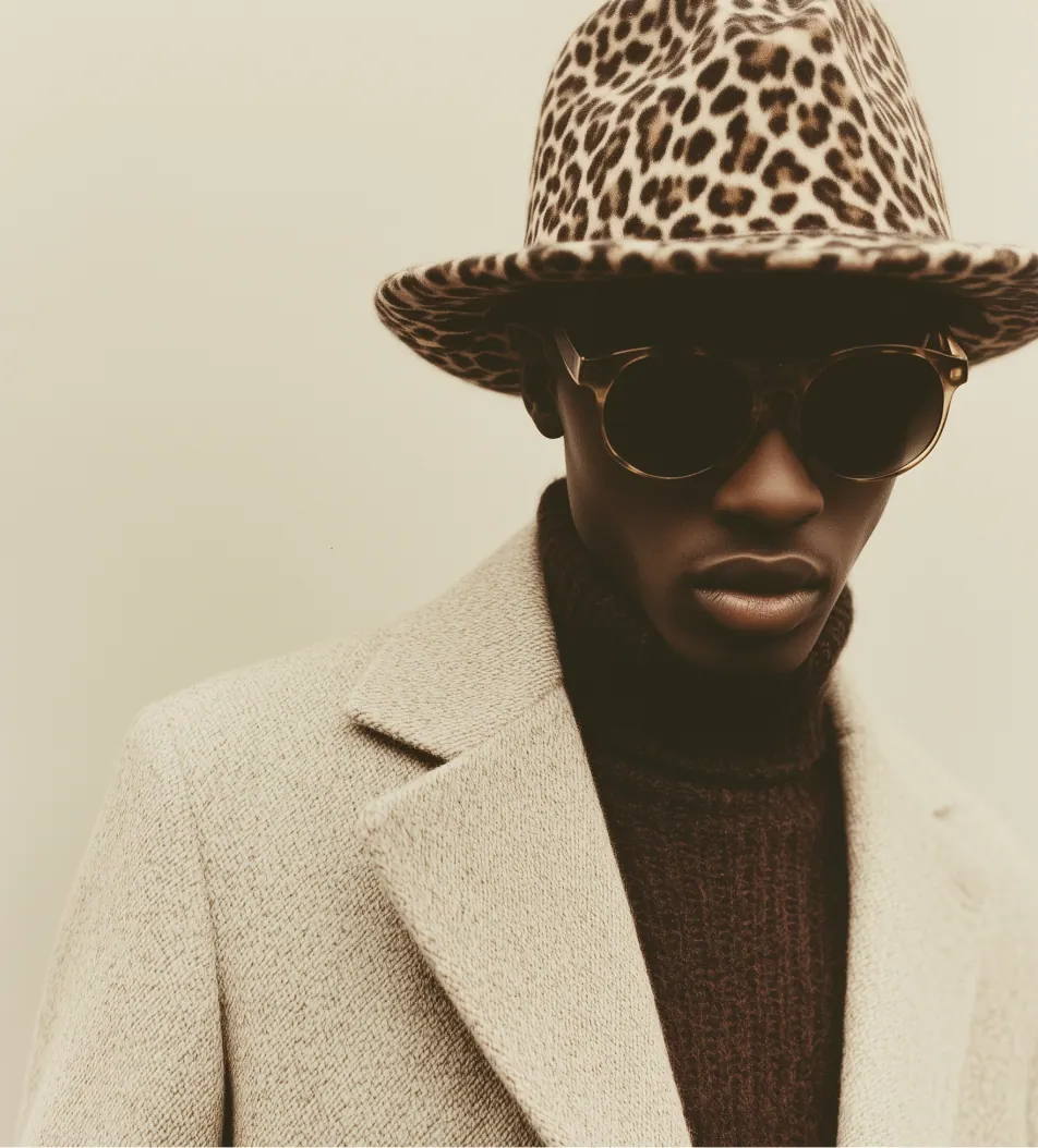 Northline campaign still — leopard hat and coat in daylight