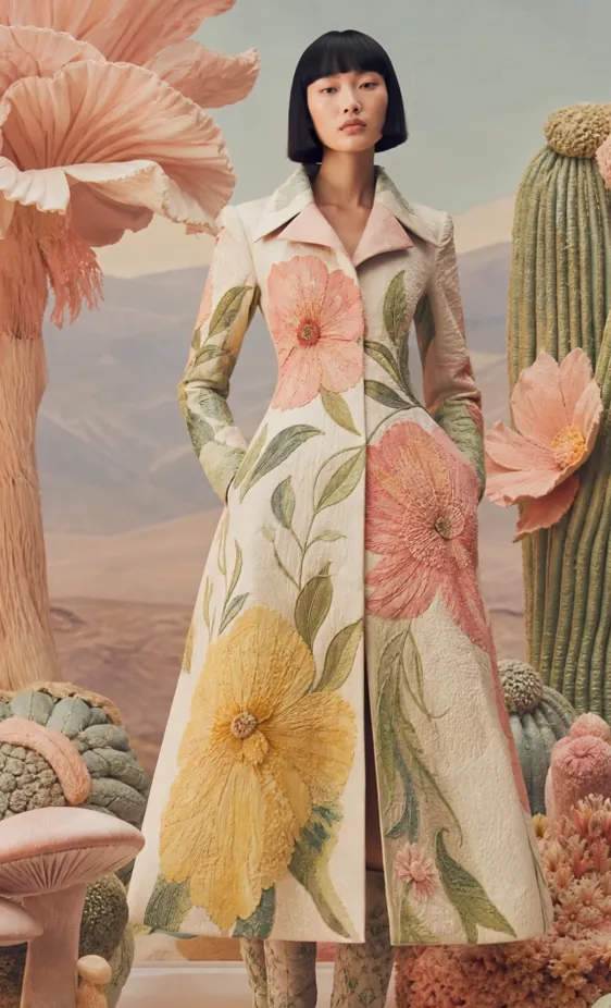 Quill editorial — sculptural floral coat in a desert landscape