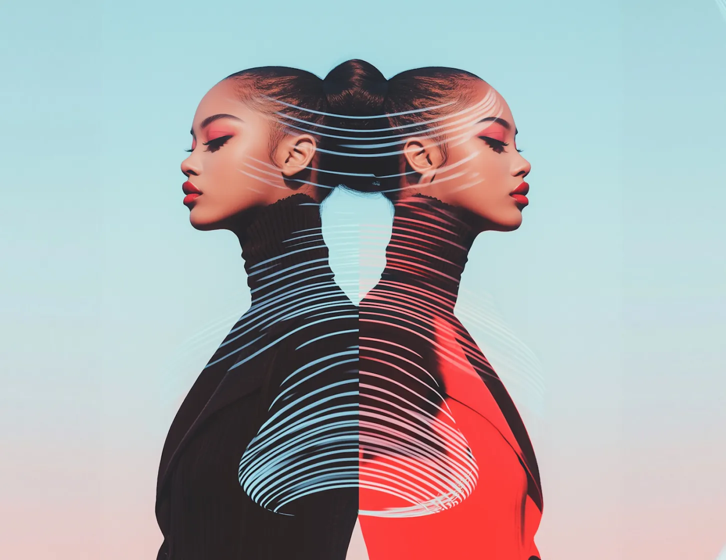 Twin mirrored portraits connected by flowing color fields